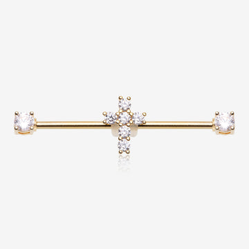 Golden Brilliant Cross Sparkle Ends Industrial Barbell-Clear Gem